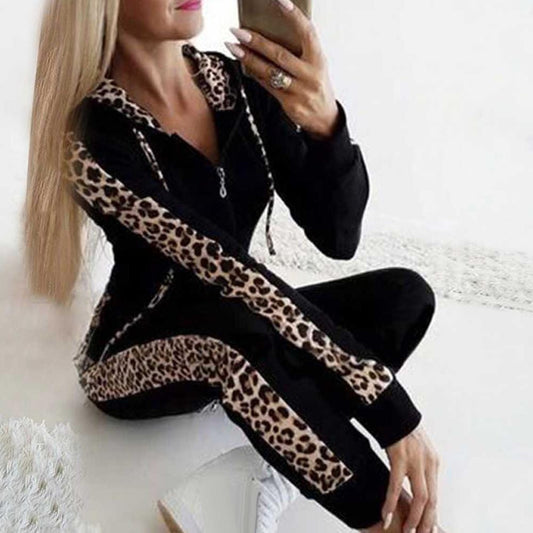 Womens 2 PCS Leopard Tracksuit Long Sleeve Hooded Sports - Dave's Deal Depot